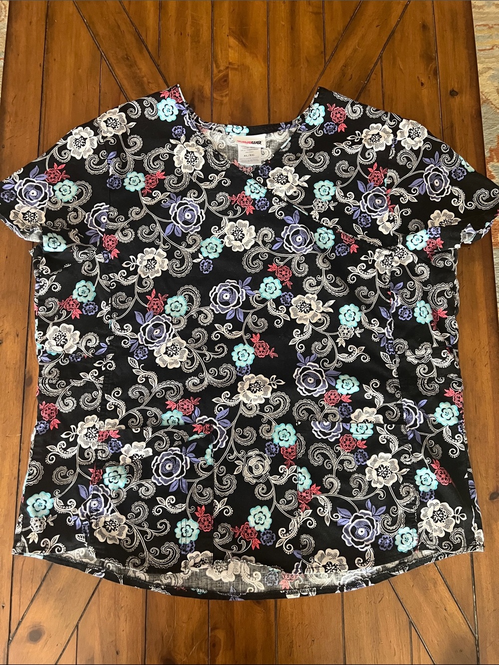 Scrubstar Black Floral Short-Sleeve Scrub Top, Aqua & Purple Accents, Size XL